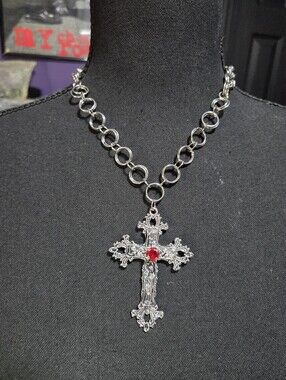 Gothic Handmade Cross Necklace Silver Red Emo Punk Jewelry Stainless Steel Goth